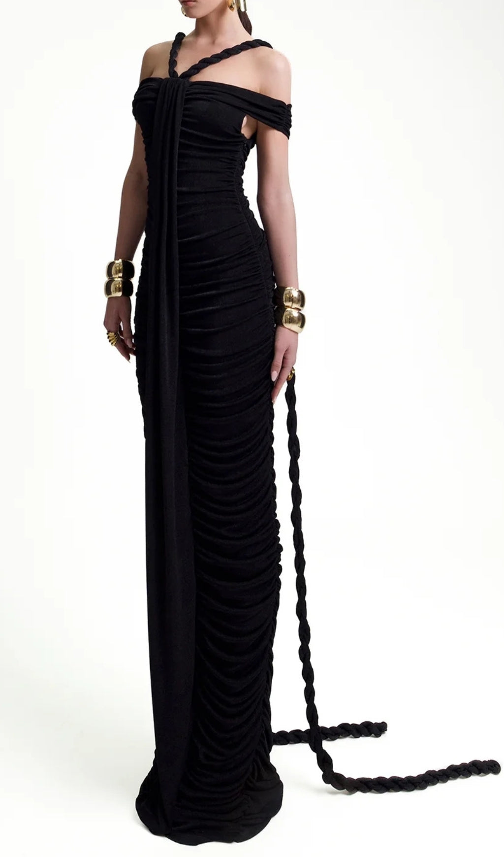 Elegant Black Bardot Ruched Maxi Dress with Braid Detail