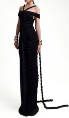 Elegant Black Bardot Ruched Maxi Dress with Braid Detail