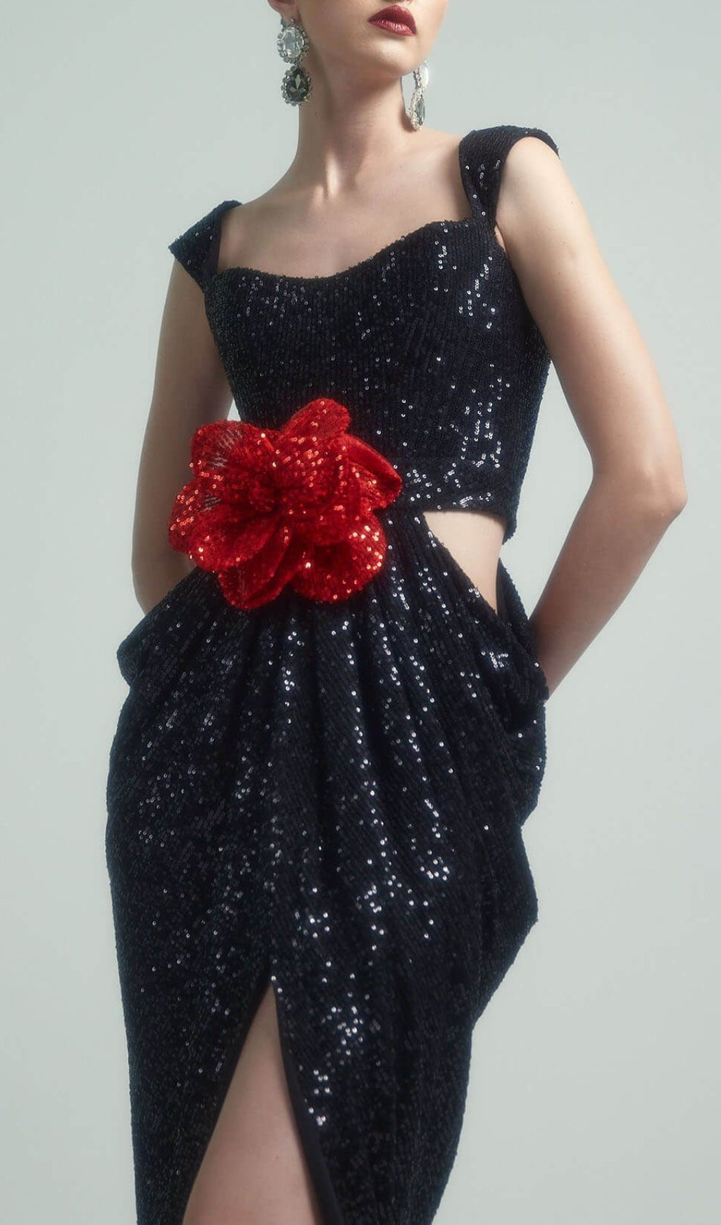 Glamorous Black Sequin Crop Top Maxi Dress with 3D Red Rose & High Slit