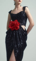 Glamorous Black Sequin Crop Top Maxi Dress with 3D Red Rose & High Slit