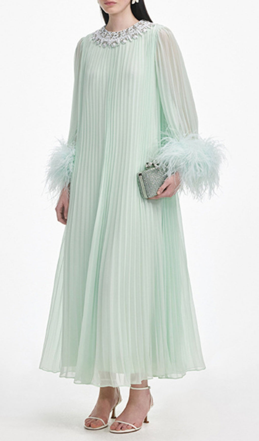 Felipe Mint Green Embellished Maxi Gown with Feather Cuffs