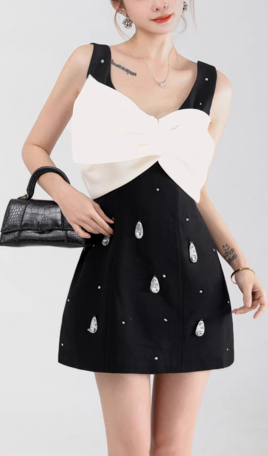 Alegria Chic Bow Front Black & White Embellished Mini Dress