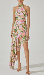 Dreamy Floral Ruffle Halter Maxi Dress