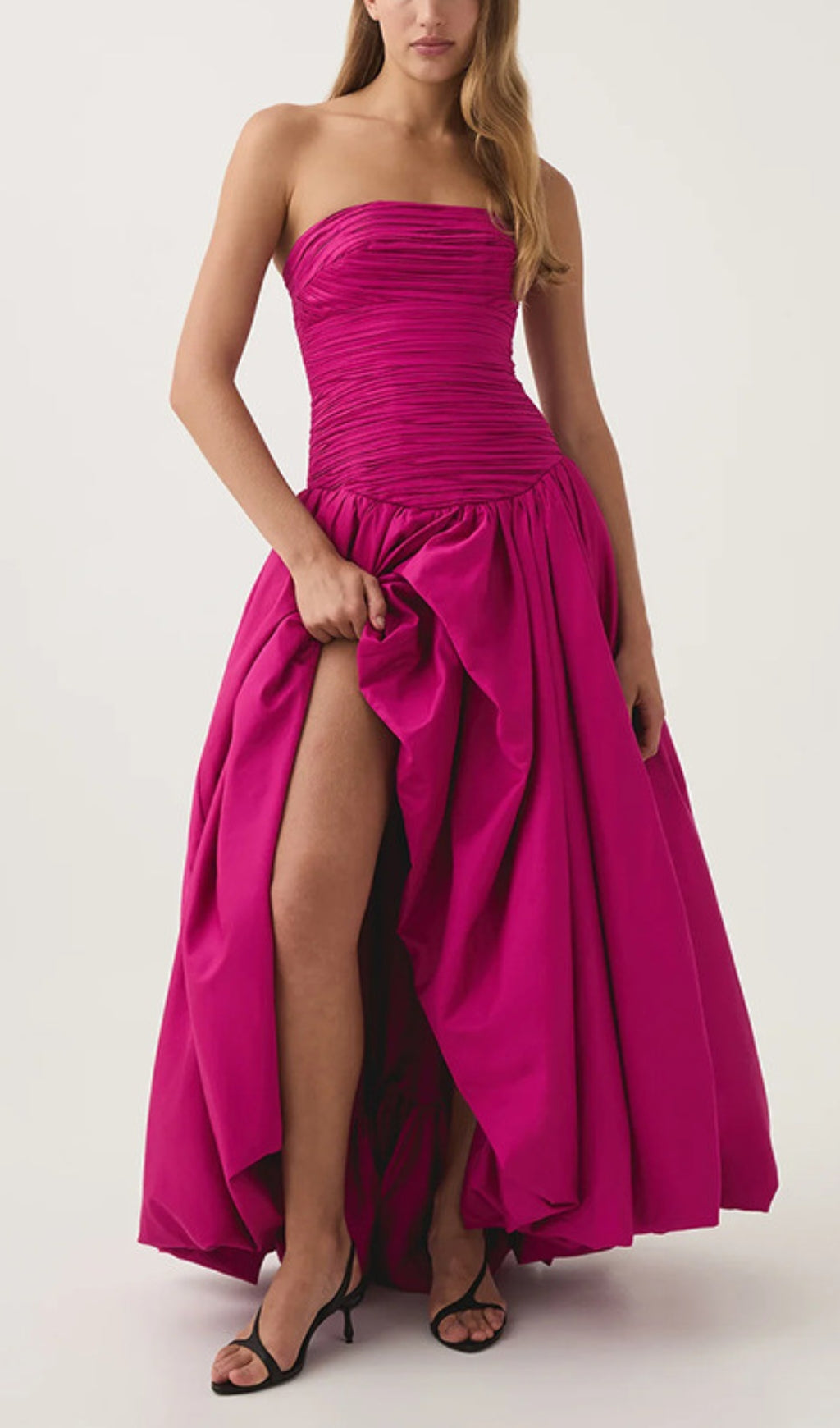 Radiant Hot Pink Strapless Ruched Puff Maxi Gown