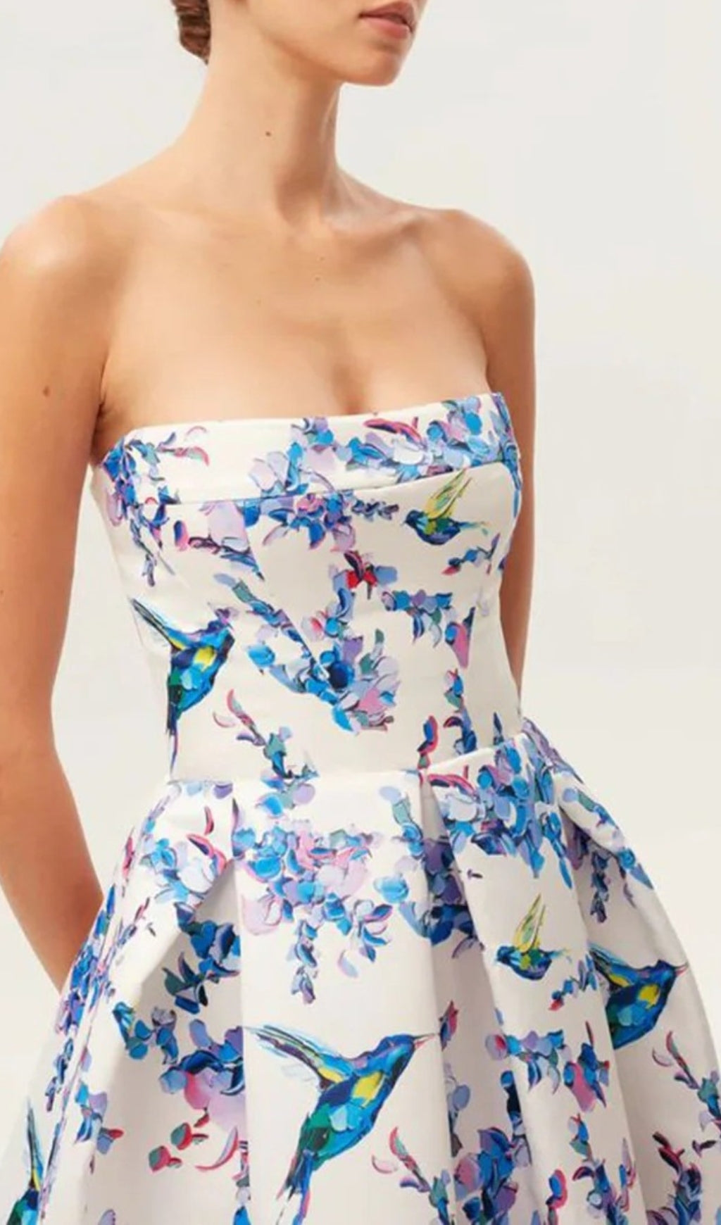 Elegant Hummingbird Floral Strapless A-Line Midi Dress