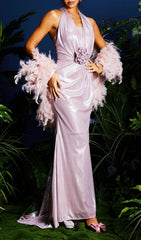 Lahela Glamour Shimmer Halter Maxi Dress with 3D Flower & Feather Shrug
