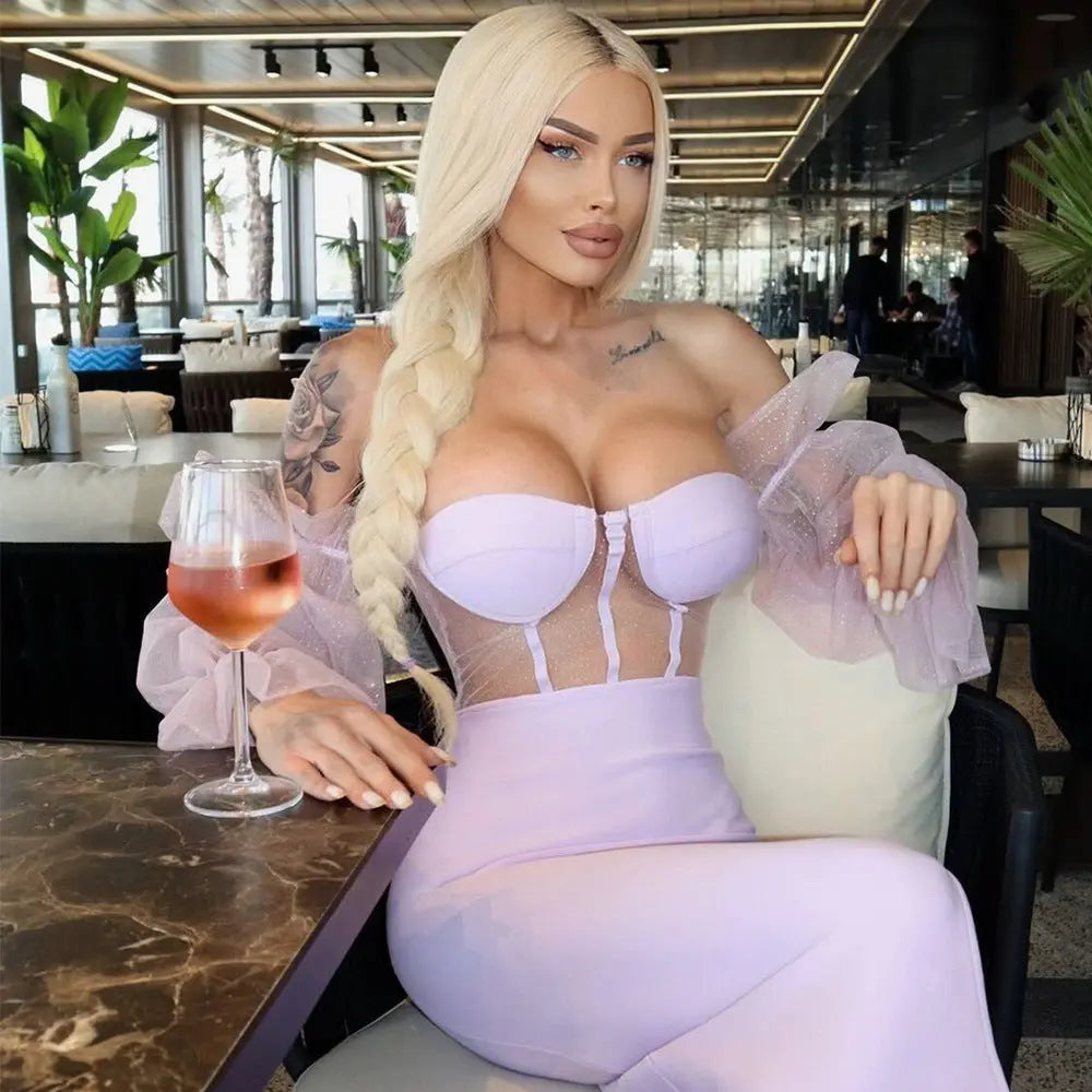 Glamorous Lilac Off-Shoulder Corset Midi Dress with Sheer Puff Sleeves & High Slit