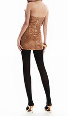 Emele Dazzling Gold Sequin Strapless Mini Dress with 3D Flower