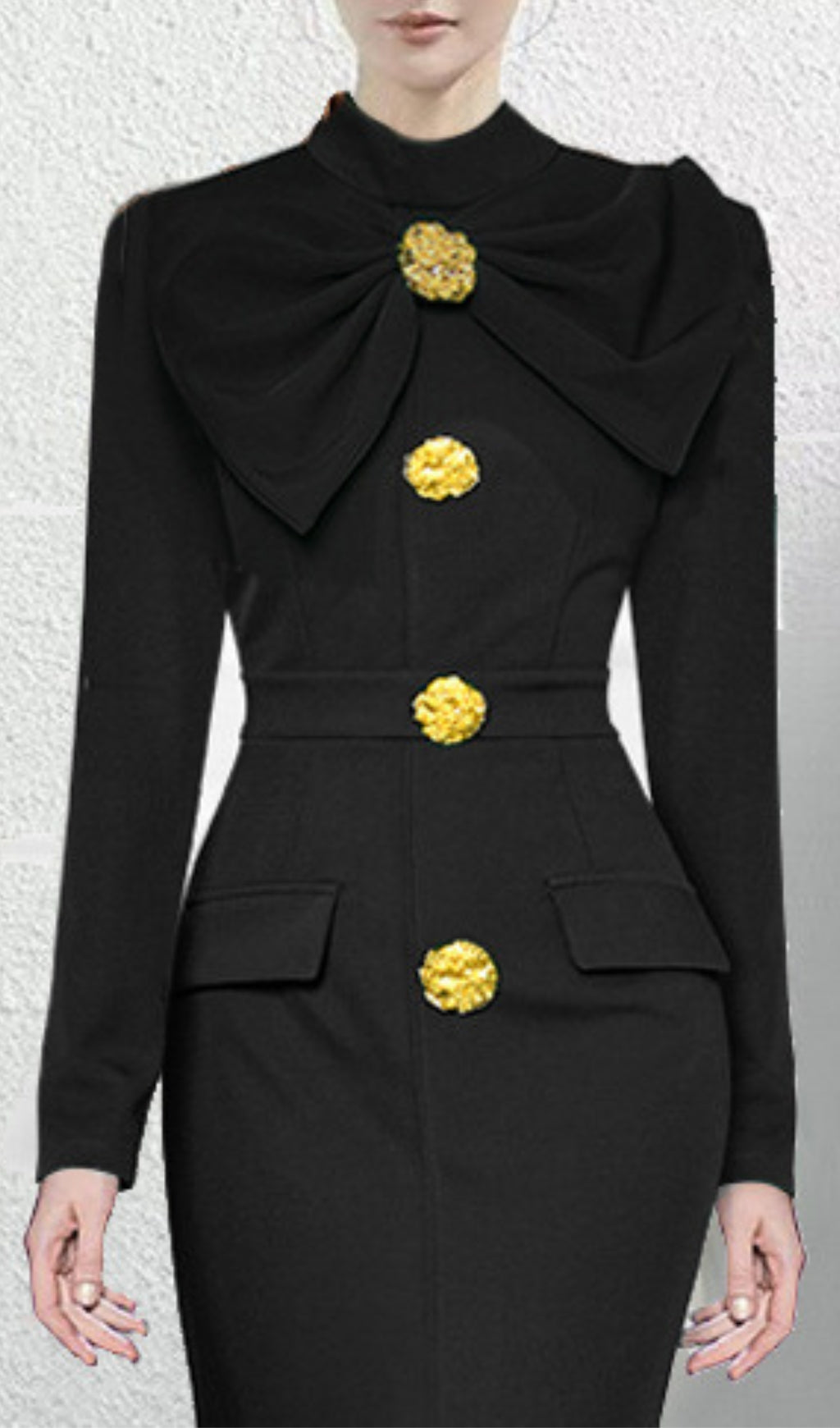 Akiyoshi Elegant Black Bow-Neck Midi Dress with Golden Floral Buttons