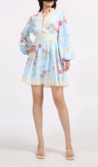 Chic Blue Floral Puff Sleeve Mini Dress with Lace Trim