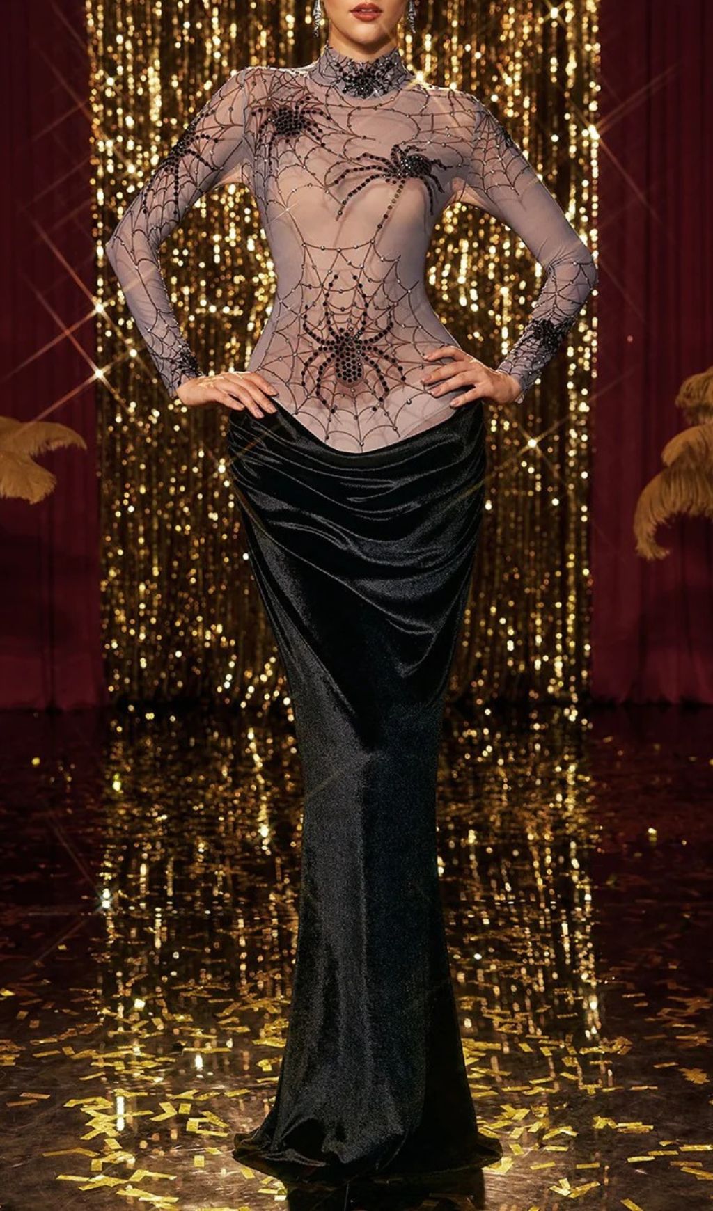 Kjartan Glamorous High Neck Spider Web Velvet Maxi Dress