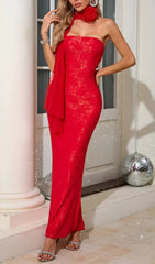 Eunice Red Strapless Floral Lace Maxi Dress with Detachable Scarf