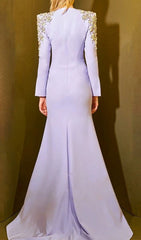 Darcie Lavender Embellished V-Neck Long Sleeve Maxi Gown