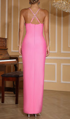 Evynne Pink Rhinestone Corset Bandage Maxi Dress