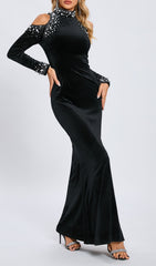 Cassiope Embellished Black Velvet Cold Shoulder Maxi Gown
