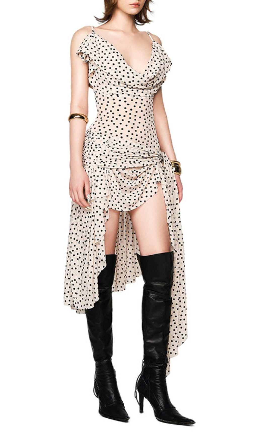 Chic Polka Dot Asymmetrical Ruffle Midi Dress