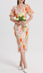 FUJIYE Elegant Floral Embroidery V-Neck Midi Dress