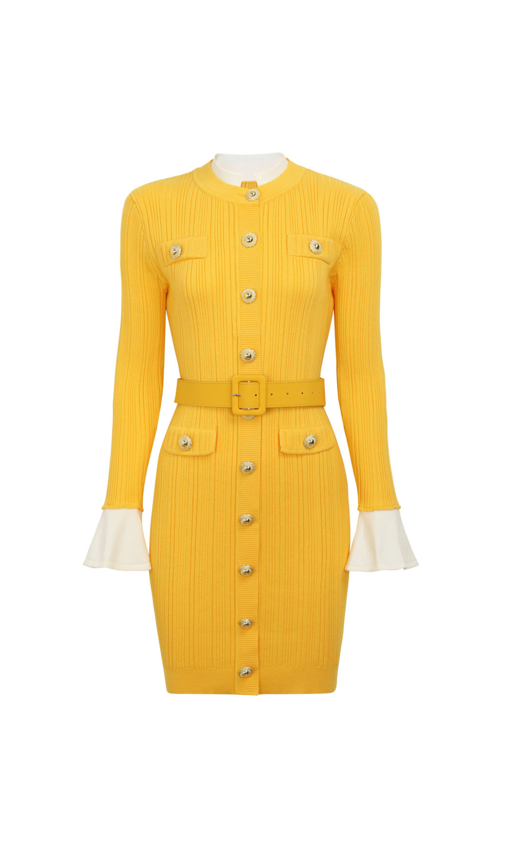 Chic Heather Knit Mini Dress with Gold Buttons & Belt