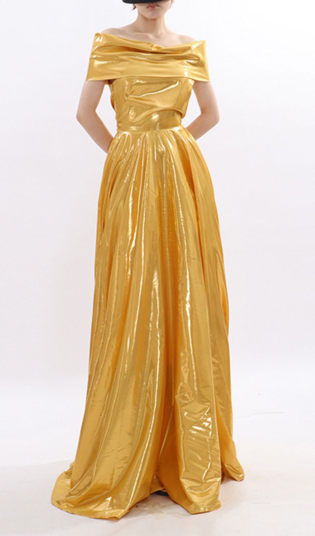 Kaliska Luminous Gold Off-Shoulder Maxi Gown