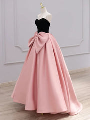 Pink and Black Scoop A-line Prom Dress with Bow