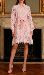 Isandro Blush Pink Embroidered Lace Long Sleeve Mini Shirt Dress with Tie-Waist