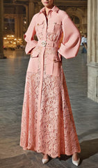 Carissa Elegant Periwinkle Lace & Belted Long Sleeve Maxi Dress