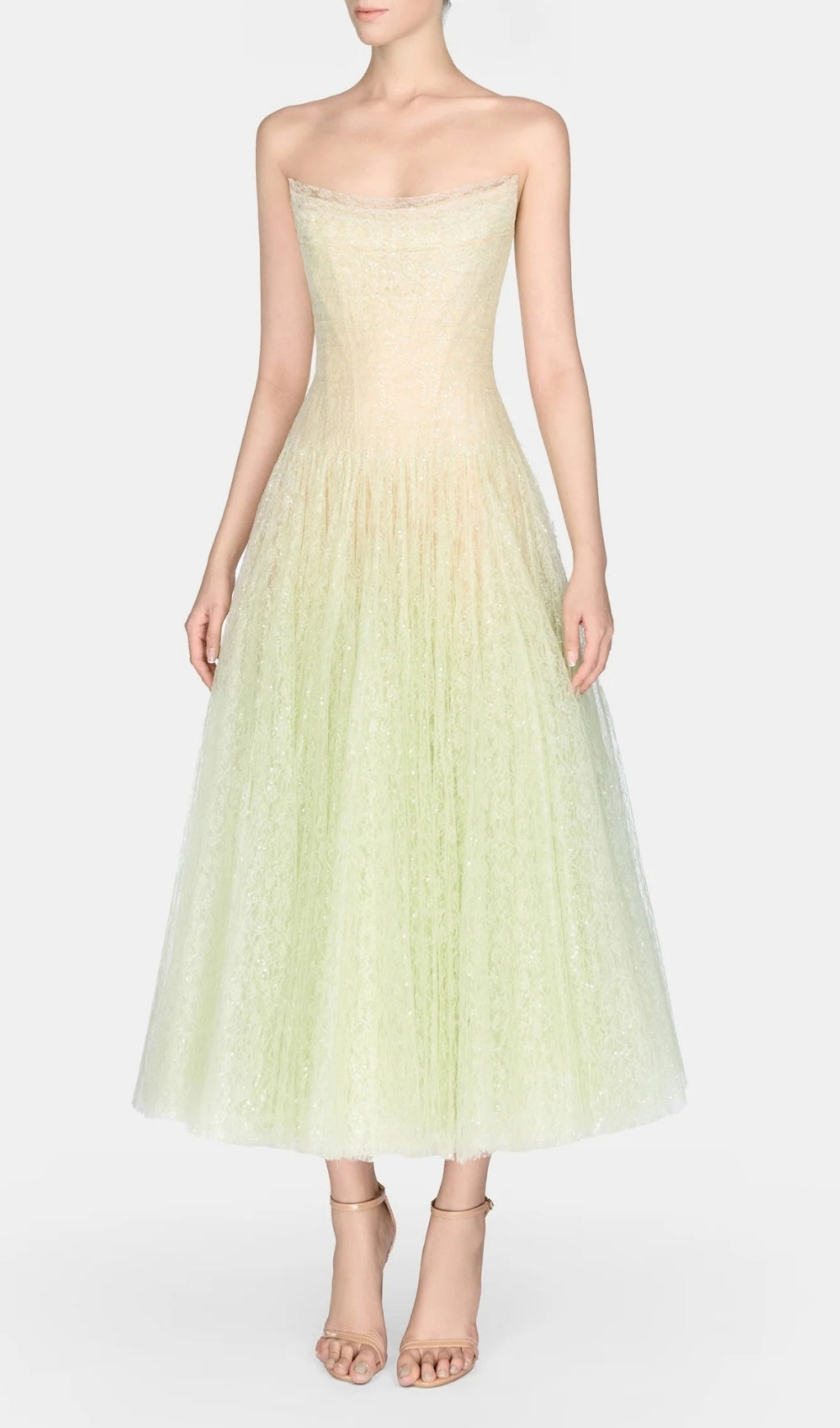 Estevan Chic Mint Green Strapless Lace Midi Dress