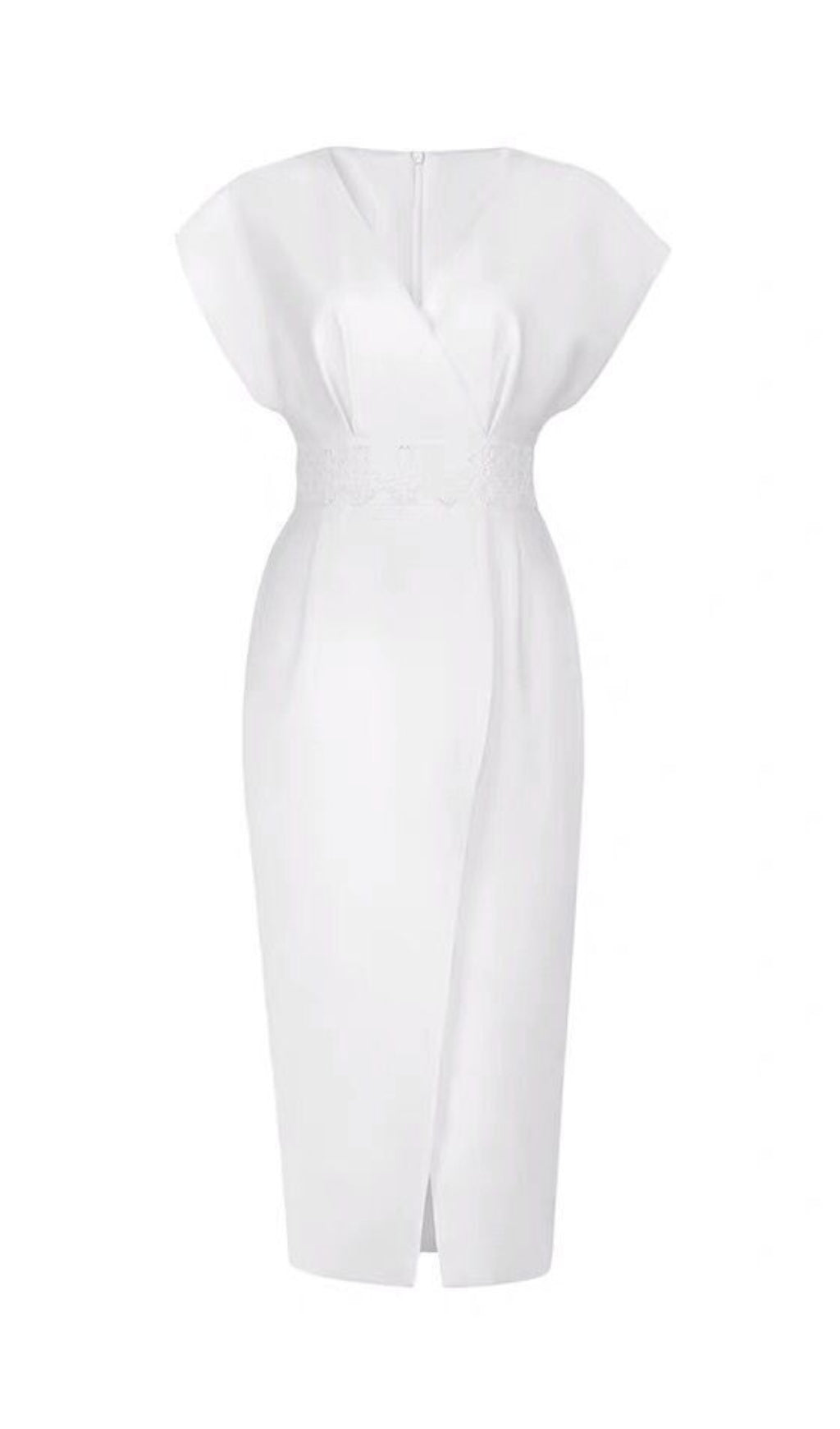 Bogda Elegant V-Neck White Midi Dress with Embellished Waist & Slit
