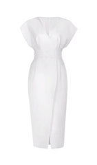 Bogda Elegant V-Neck White Midi Dress with Embellished Waist & Slit