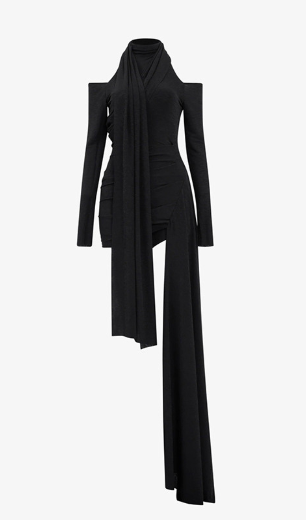 Gedalia Black Asymmetrical Cold Shoulder Mini Dress with Dramatic Drape