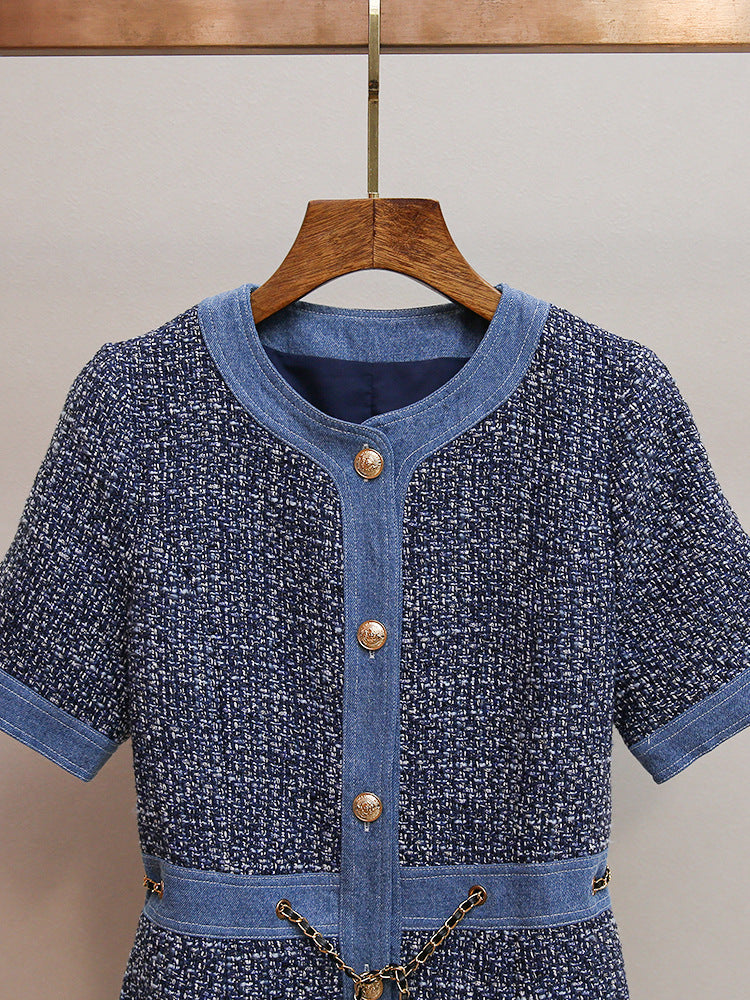 Chic Tweed & Denim Mini Dress with Gold Chain Accents