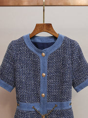 Chic Tweed & Denim Mini Dress with Gold Chain Accents