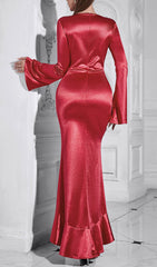Balliol Red Satin Ruched V-Neck High-Low Ruffle Maxi Dress