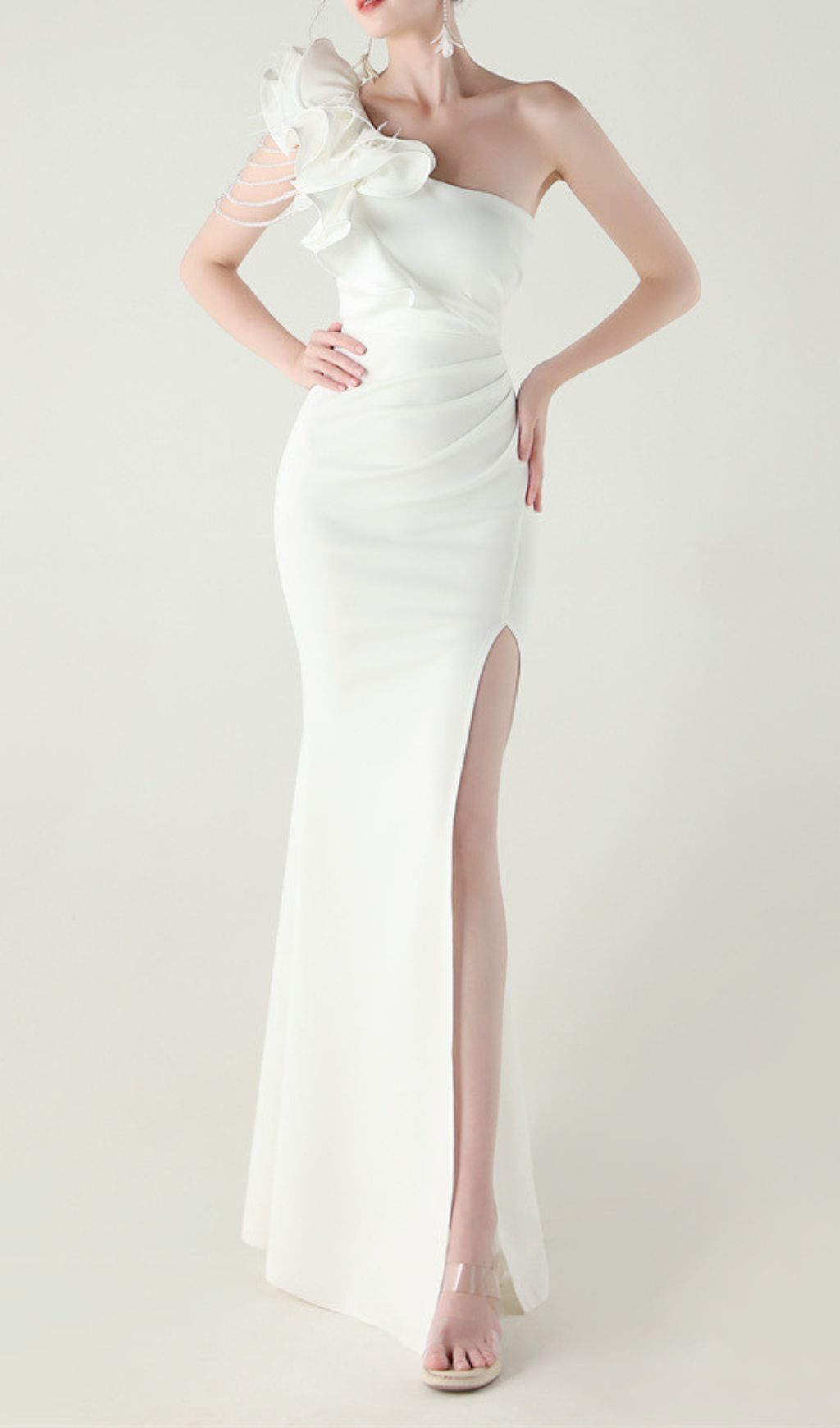Ijlal Glamorous White One-Shoulder Ruffle Slit Maxi Dress