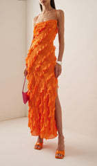 Vibrant Orange Ruffled Maxi Dress with Adjustable Straps & Side Slit