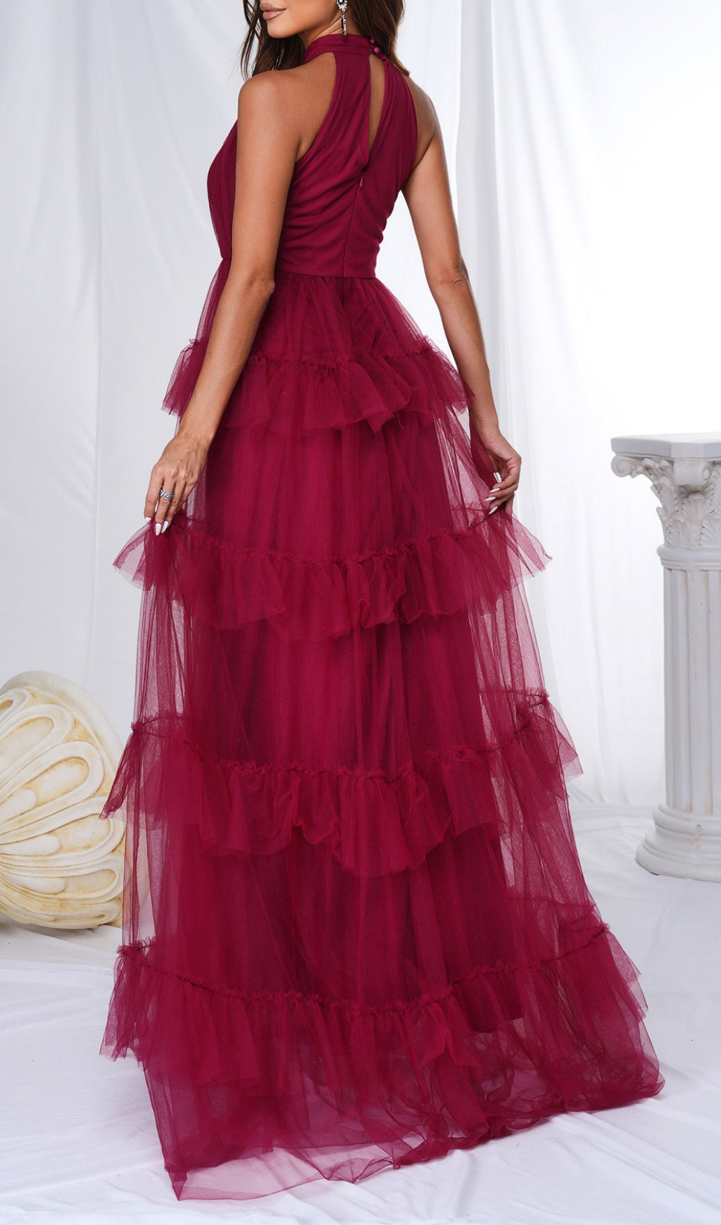 Glamorous Wine Red Halter Tiered Tulle Maxi Dress