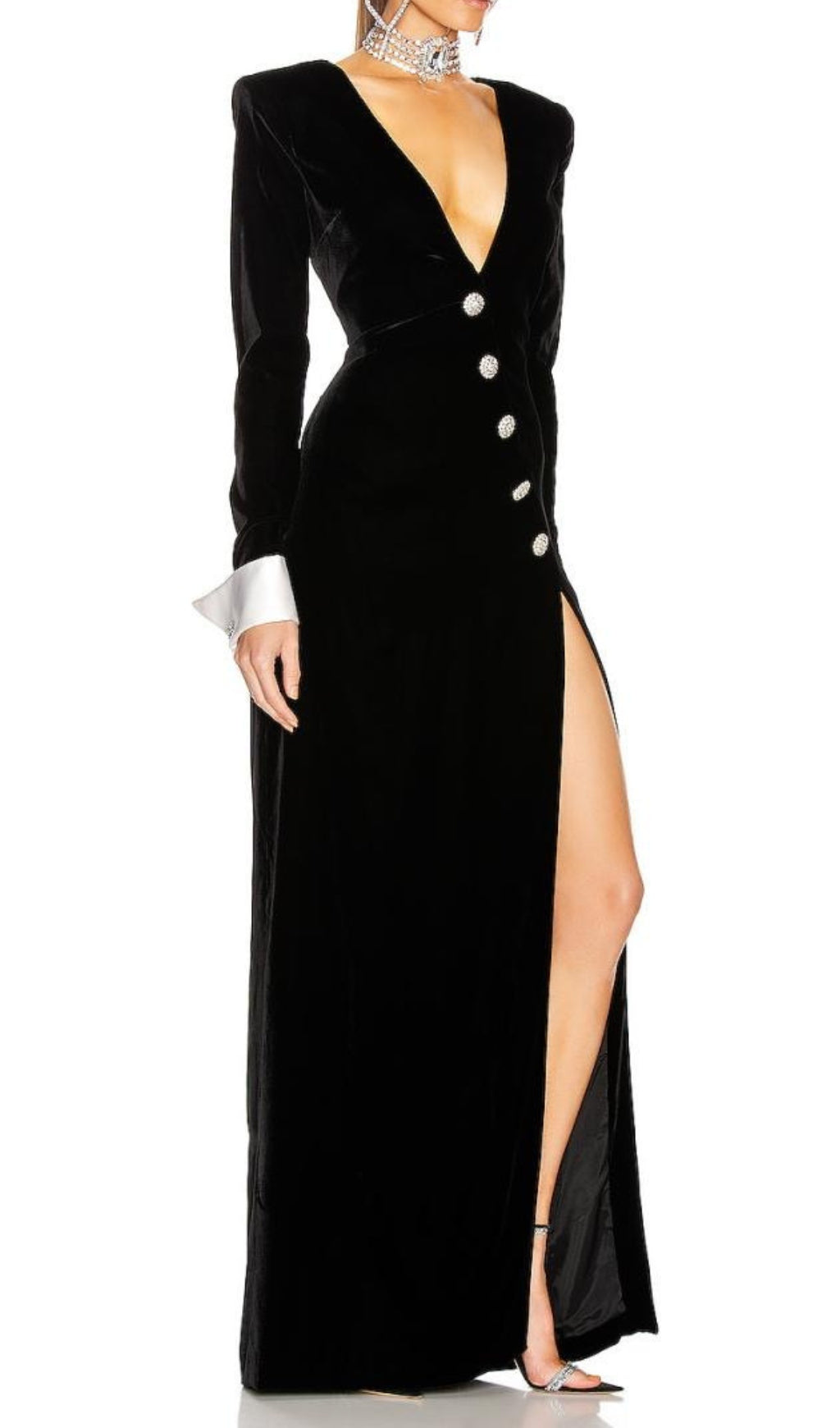 Crown Glamorous Black Velvet Deep V-Neck Maxi Gown with Crystal Buttons