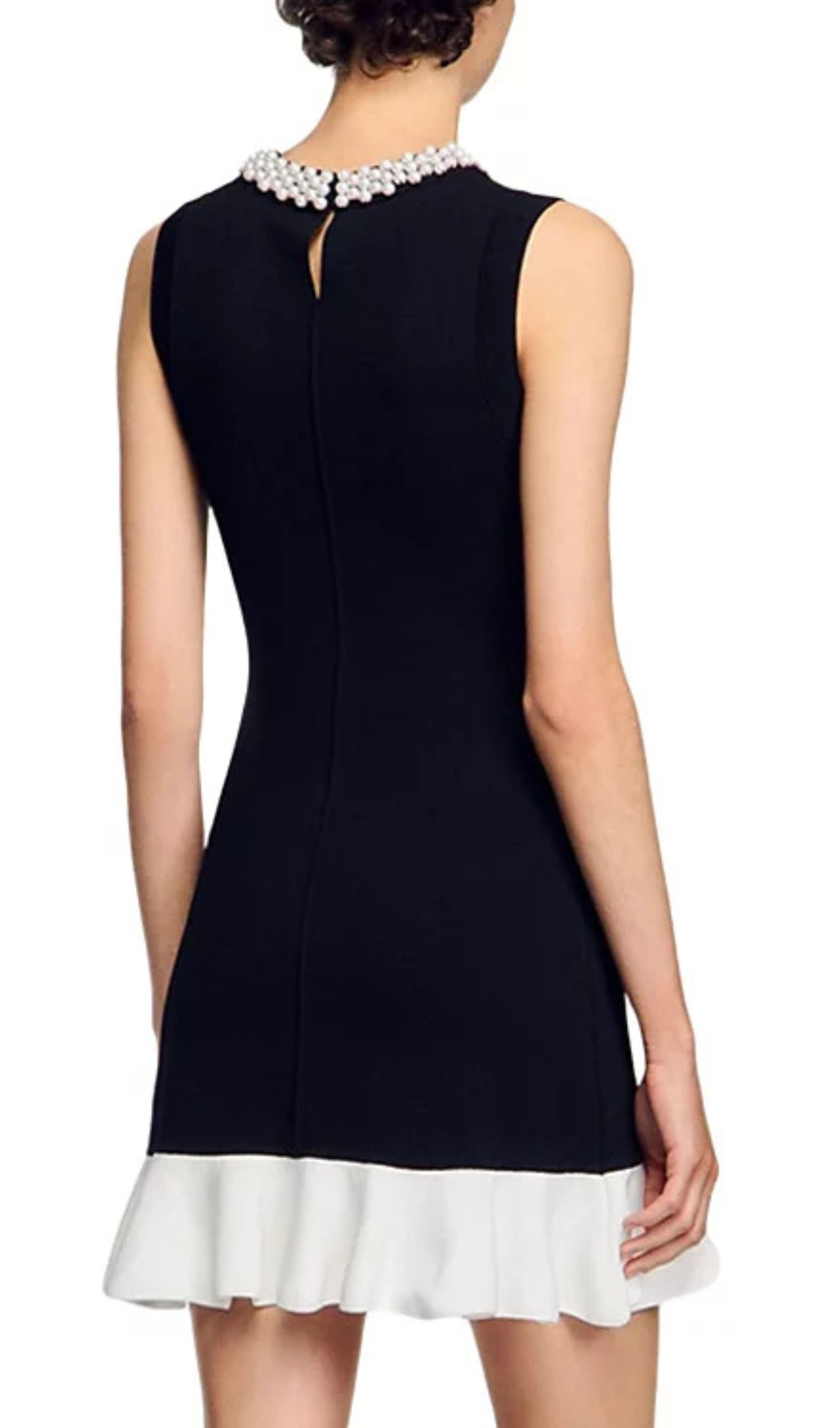 Chic Pearl-Embellished Knit Mini Dress with Contrast Ruffle Hem