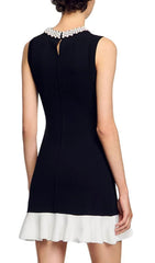 Chic Pearl-Embellished Knit Mini Dress with Contrast Ruffle Hem
