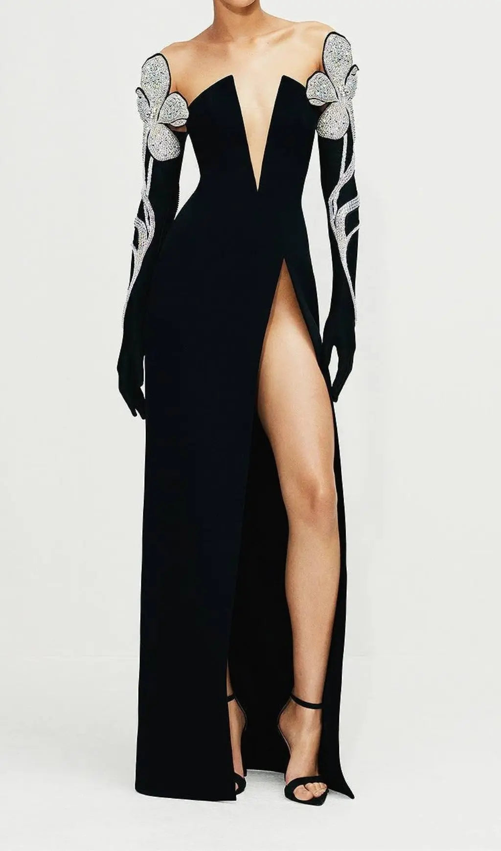 Stunning Black Crystal Embellished Plunge Maxi Gown