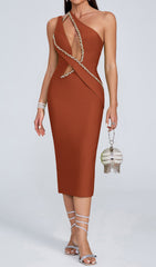 Dazzling Laibah One-Shoulder Rhinestone Cutout Bandage Midi Dress