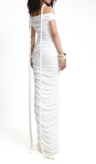 Buddug White Bardot Ruched Maxi Dress