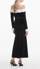 Elegant Black Chenille Off-Shoulder Peplum Midi Dress