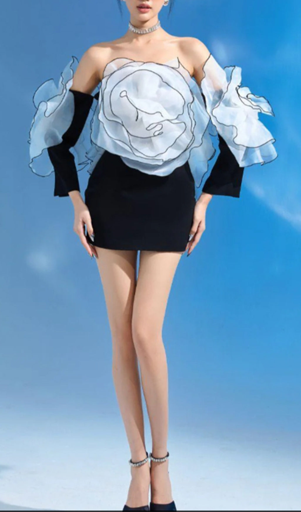 Bridgit Off-Shoulder Rose Appliqu Black Mini Dress
