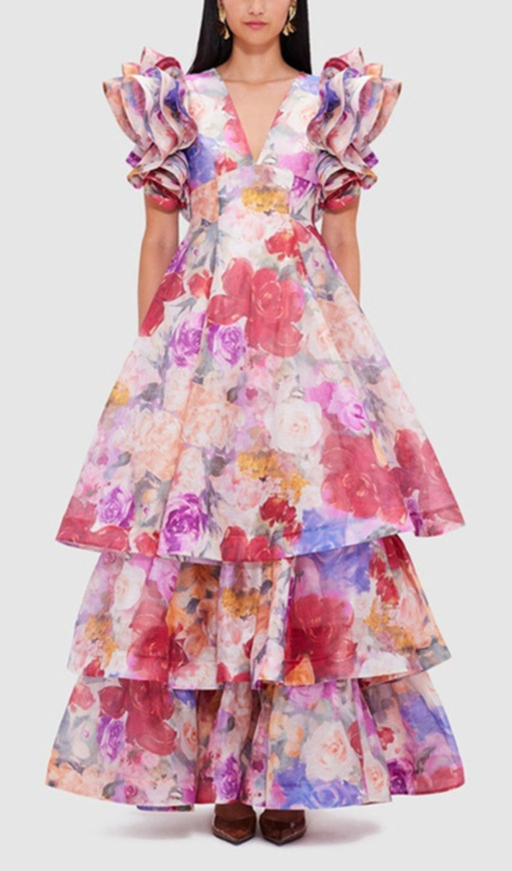 Élodie Vibrant Floral Ruffle Tiered Gown
