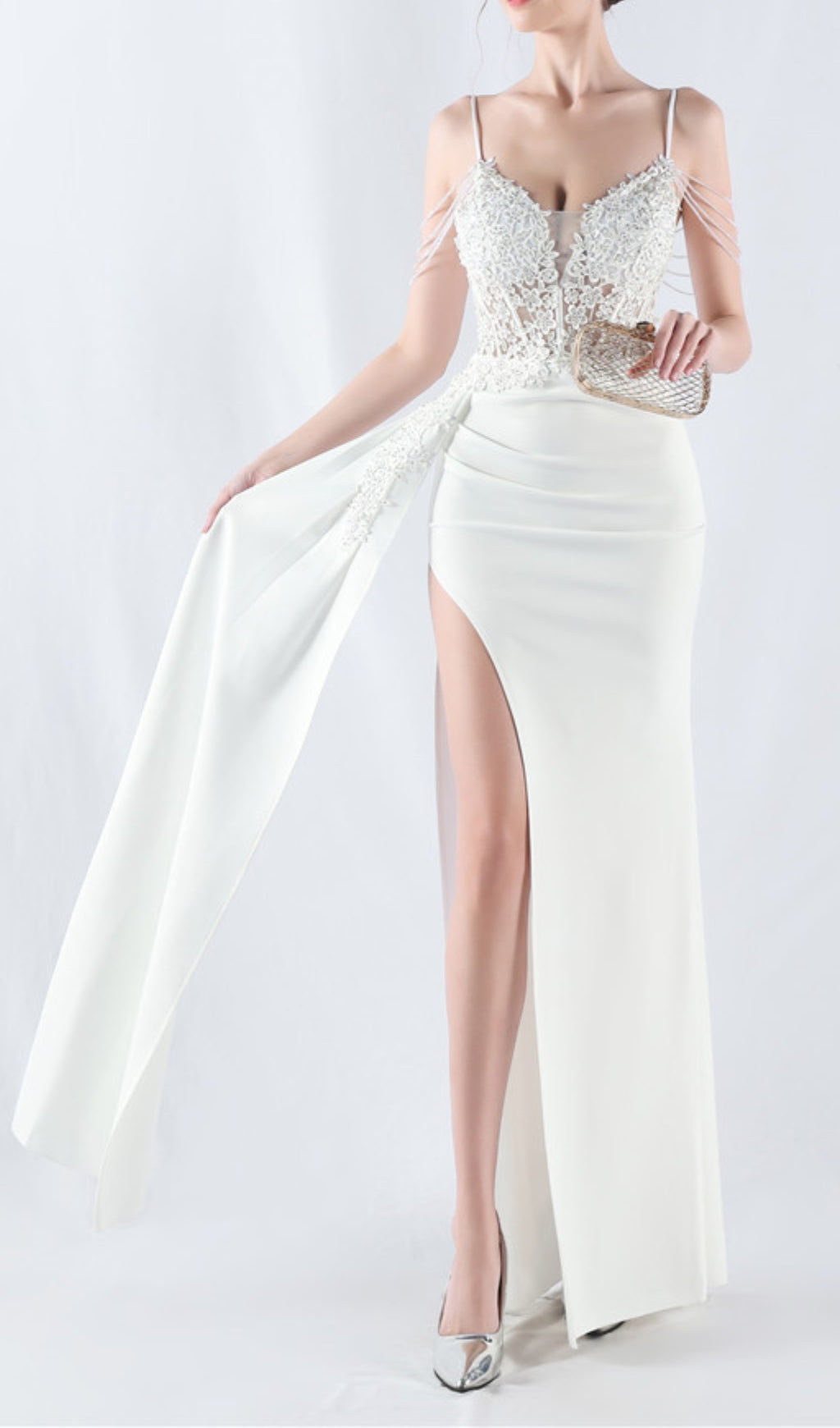 Chofa "Blossom" White Floral Beaded Corset Maxi Dress