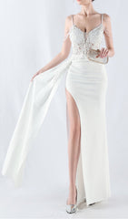 Chofa "Blossom" White Floral Beaded Corset Maxi Dress