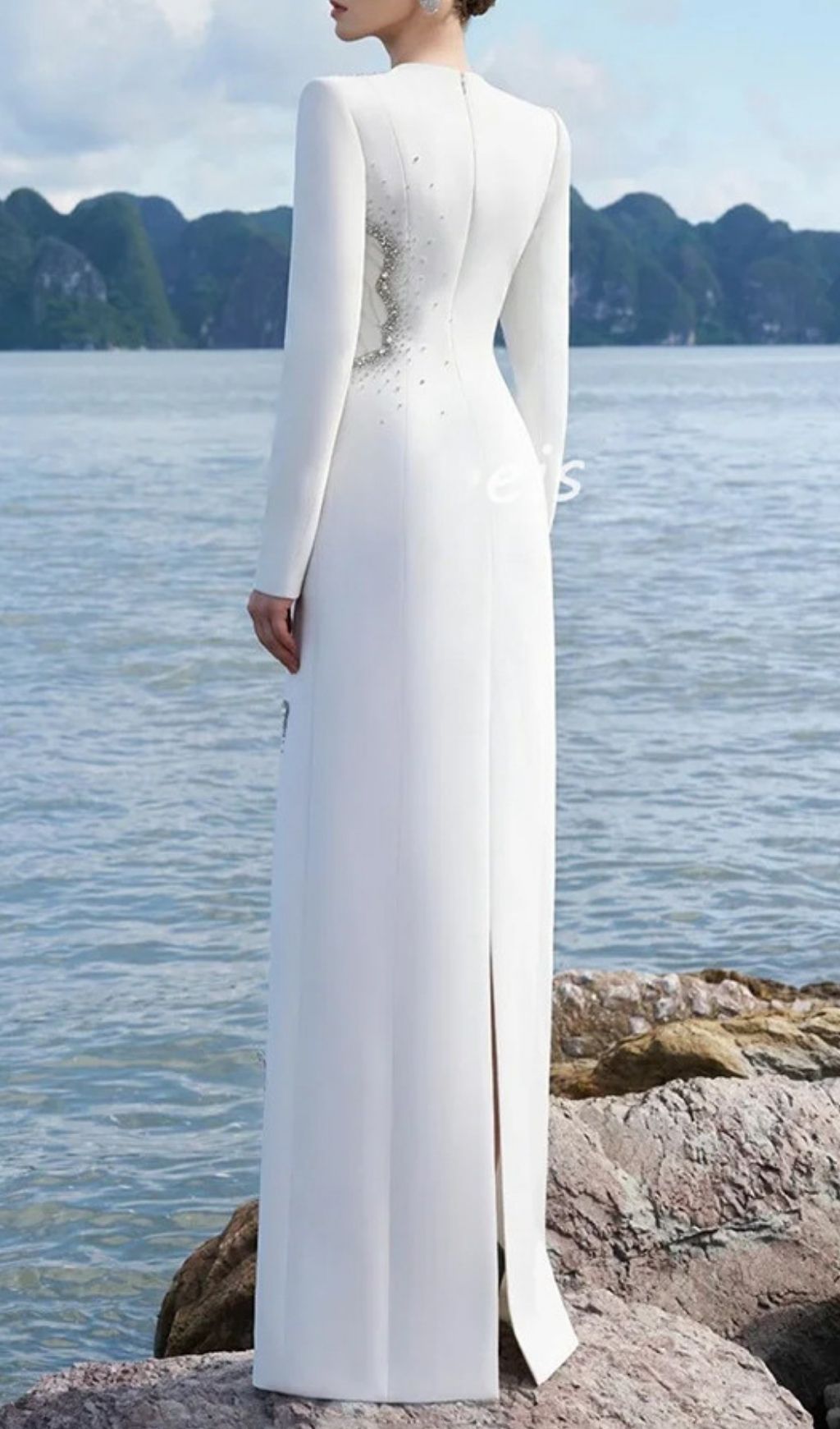 Josephe Dazzling White Diamante Long Sleeve Maxi Gown