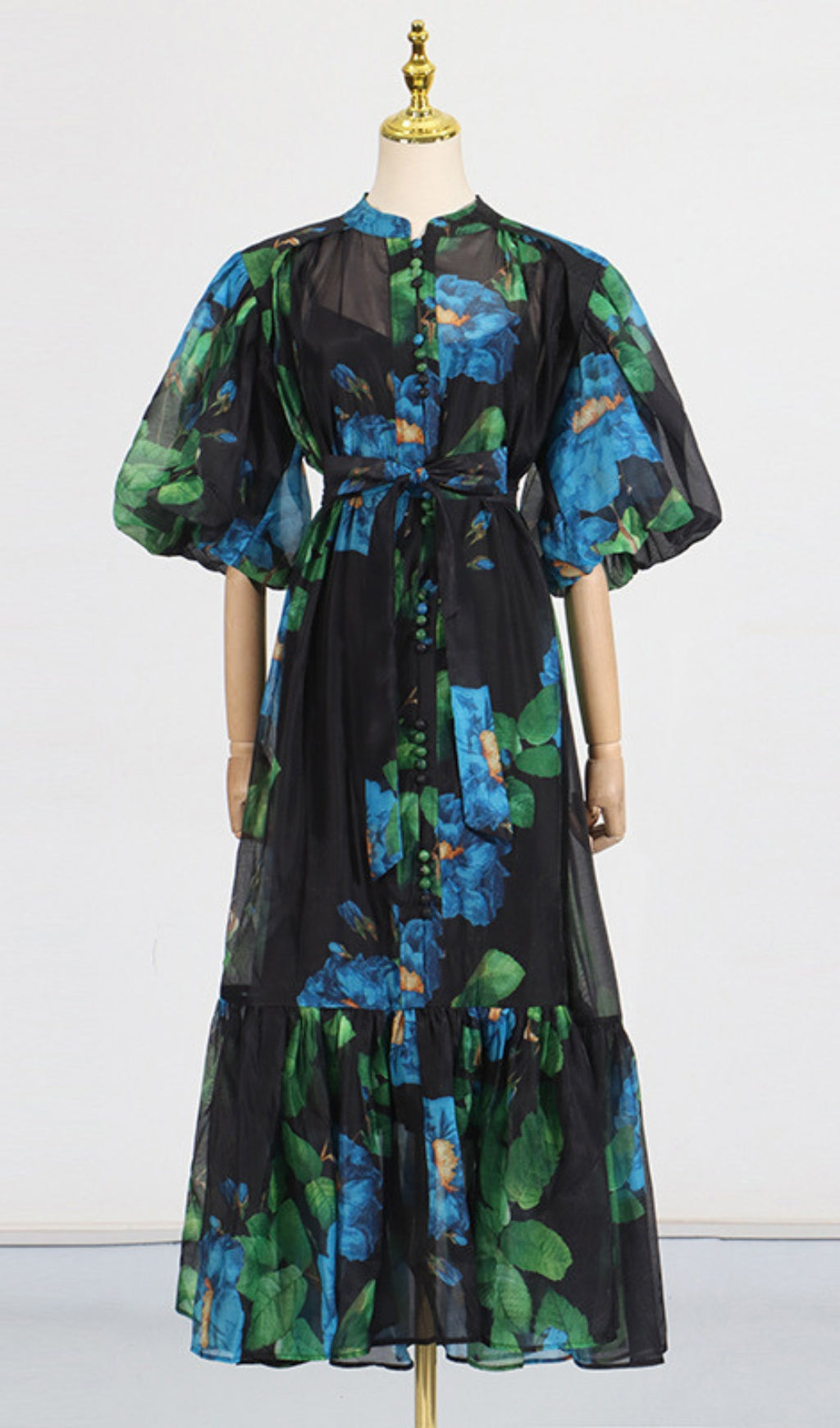 Vibrant Floral Button-Down Puff Sleeve Midi Dress
