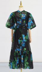 Vibrant Floral Button-Down Puff Sleeve Midi Dress